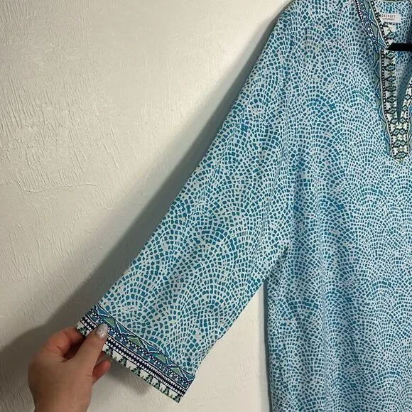 Foxcroft Border Trim Cotton Wrinkle Free Tunic Top In Lagoon Multi Size 18 - Picture 5 of 9